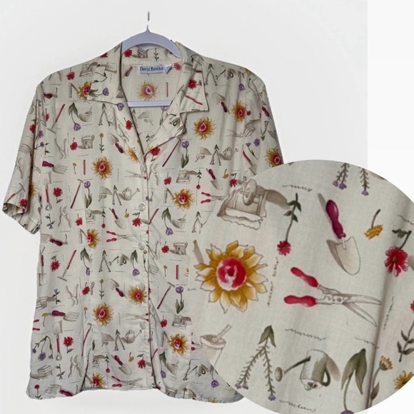 Vintage David Brooks Women's Top 10 Short Sleeve Floral Garden Button Sunflower - Picture 1 of 8
